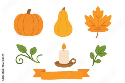 Autumn harvest set with pumpkin, squash, maple leaf, candle, and decorative ribbon banner