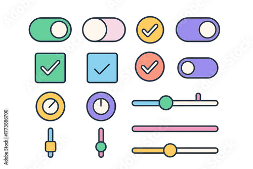 Modern colorful user interface controls set with toggles, sliders, and checkmark icons