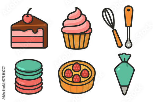 Colorful set of baking and pastry items: cake, cupcake, macarons, whisk, piping bag, and tart