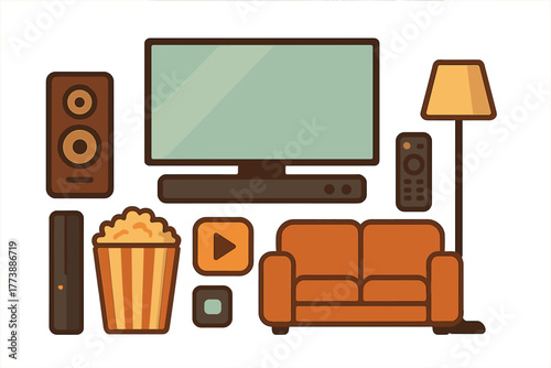 Home entertainment setup featuring television, sound system, remote control, popcorn, and sofa