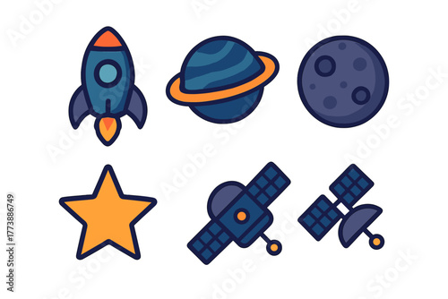 Colorful space exploration symbols featuring rocket planet moon and satellites