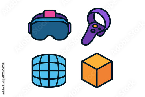 Virtual reality headset, controller, global grid, and 3D cube icons representing metaverse technology