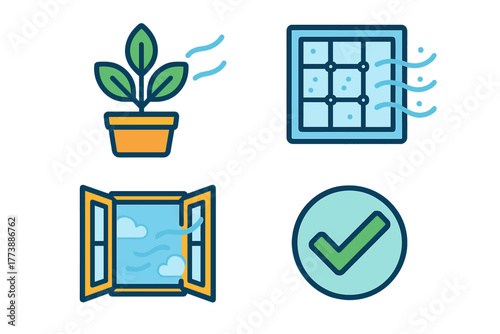 Colorful icons showing indoor air quality, natural ventilation, air filtration, and successful operation