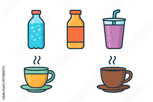 Set of cold and hot beverages including bottled water, juice, smoothie, and steaming coffee cups