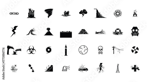 Disaster glypy icon set, Chain Link, Damaged Building, Tornado, Sinking Ship, Thunderstorm, Landslide, Explosion, Fire, Earthquake, Tsunami, vector silhouette