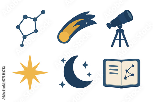 Astronomy and space exploration set featuring telescope, constellation, comet, and moon elements