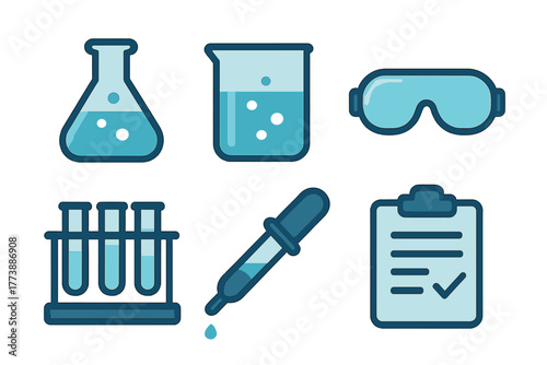Essential chemistry and science laboratory equipment including glassware and safety gear