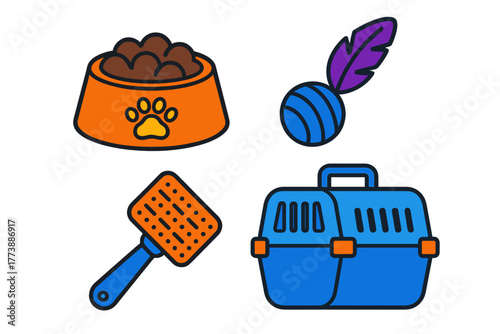 Colorful collection of pet care accessories: food dish, grooming brush, feather toy, and travel crate