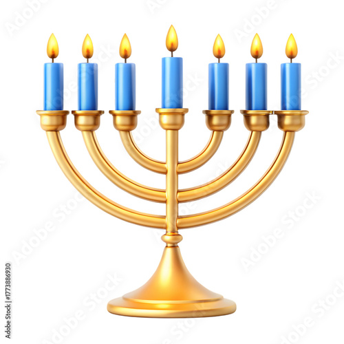 Golden hanukkah menorah with seven blue candles lit, isolated on transparent background