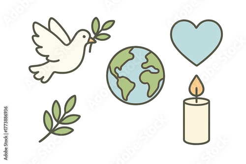 Universal symbols of peace and hope including a dove, olive branch, globe, heart, and lit candle