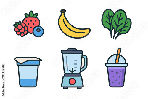 Set of colorful icons depicting fresh fruits spinach yogurt blender and prepared smoothie drink