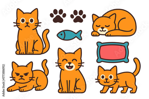 Set of adorable orange cats showing various emotions and actions with pet accessories