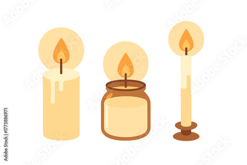 Set of three burning wax candles in different shapes: pillar, jar, and taper on a small holder