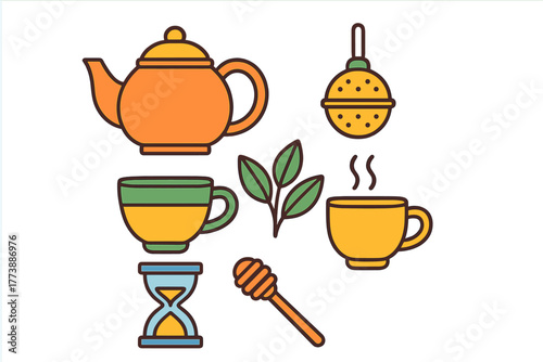 Colorful set of tea time essentials including teapot, teacups, tea leaves, honey dipper, and hourglass timer