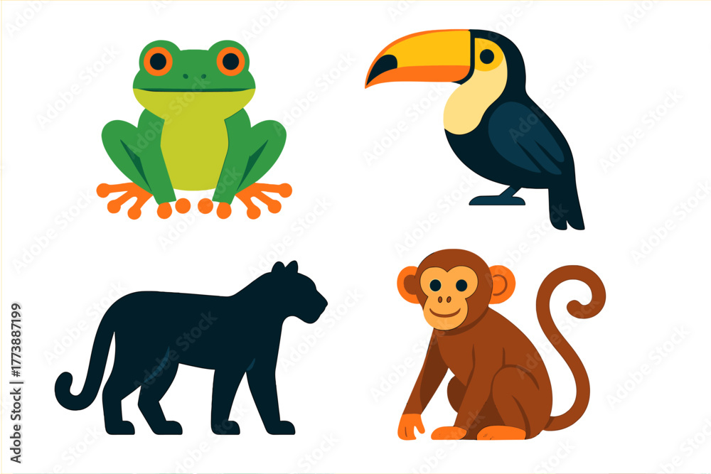Obraz premium Stylized set of jungle wildlife including frog, toucan, black panther, and monkey