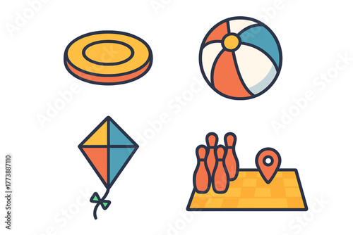 Summer recreational activities set including frisbee, beach ball, kite, and bowling pins