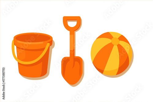 Essential summer beach toys including a sand bucket, small shovel, and striped inflatable ball