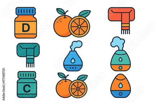 Essential icons collection for cold season health, immunity, and home comfort essentials like vitamins, citrus, and humidifiers