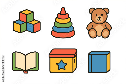 Colorful collection of children's toys including building blocks, stacking rings, and a teddy bear