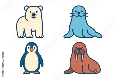 Cute cartoon polar bear, seal, penguin, and walrus set of marine and Arctic animals