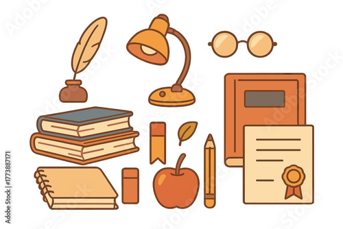Essential academic supplies set featuring books, desk lamp, glasses, quill, pencil, and diploma