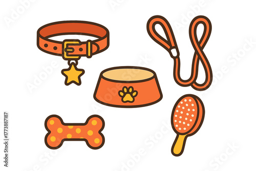 Essential dog accessories collection featuring collar, leash, feeding bowl, bone toy, and grooming brush on white background