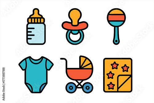 Vibrant collection of essential items for newborn and infant care including bottle, pacifier, and stroller