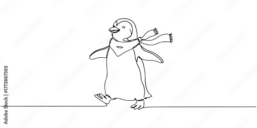Fototapeta premium Continuous one line of a penguin wearing a scarf walking cheerfully, style vector illustration. 