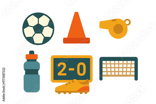 Essential equipment set for soccer training and game day including ball, whistle, net, and scoreboard