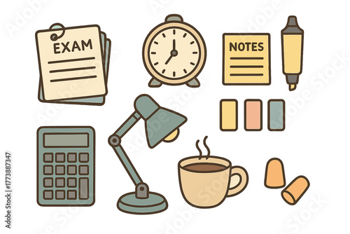 Essential items collection for studying and exam preparation including clock lamp and calculator