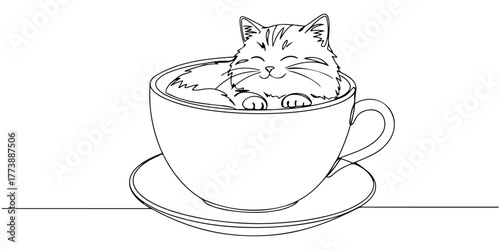 Continuous one line drawing of a fluffy kitten curled in a teacup with a sweet smile, style vector illustration.

