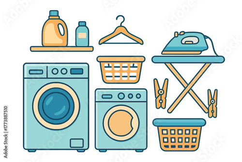 Collection of domestic laundry items including washing machines detergent and ironing board