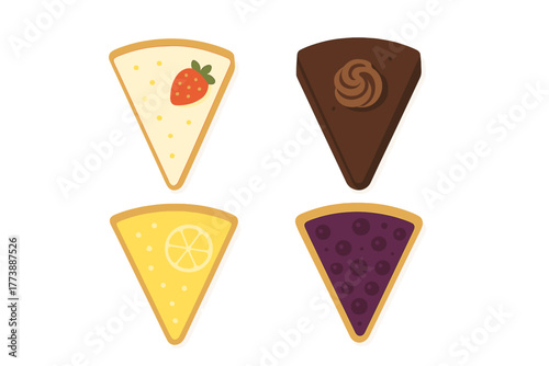 Triangular dessert slices set with strawberry, chocolate, lemon, and blueberry flavors