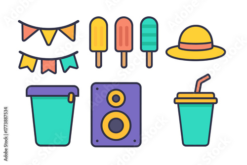 Vibrant summer party elements set including popsicles sun hat speaker and decorative flags