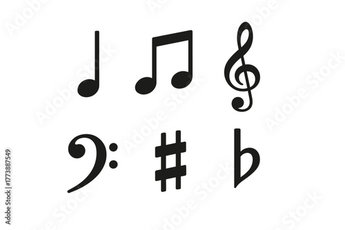 Essential musical notation symbols set including treble clef bass clef notes sharp and flat signs
