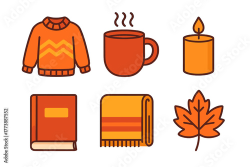 Cozy autumn essentials featuring a warm sweater, hot drink, candle, book, blanket, and maple leaf