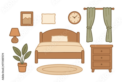 Minimalist set of bedroom furniture and home decor items in earthy tones for interior design projects