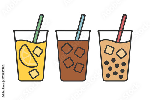 Variety of refreshing cold beverages including lemonade, iced coffee, and bubble tea