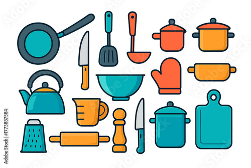 Colorful set of essential kitchen tools and cooking equipment icons on white background