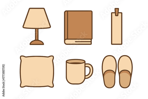 Cozy home essentials set with bedside lamp, closed book, pillow, coffee mug, and soft slippers