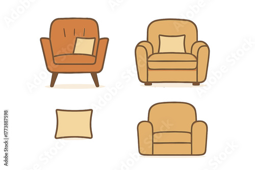 Cozy furniture collection featuring different styles of upholstered armchairs and a throw pillow
