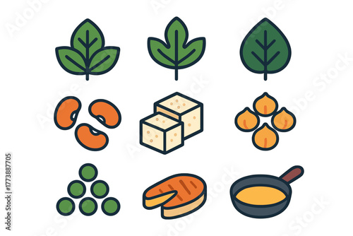 Nine colorful symbols representing vegan and vegetarian food and cooking essentials