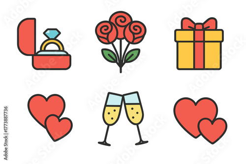 Set of romantic symbols: engagement ring, roses bouquet, gift box, and champagne toast