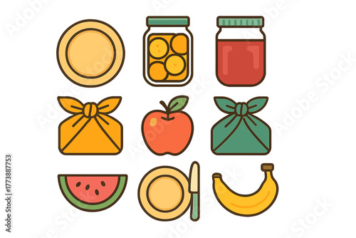 Collection of picnic and lunch items including fresh fruit, preserved jars, plates, and wrapped food bundles