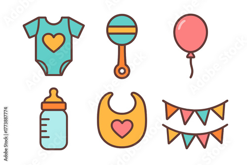 Cute collection of newborn baby essentials and party celebration items