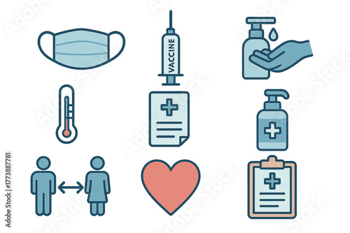 Essential medical symbols for health safety including face mask syringe thermometer and social distancing
