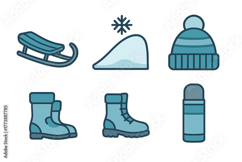 Collection of essential winter gear and cold weather items: sled, boots, hat, thermos
