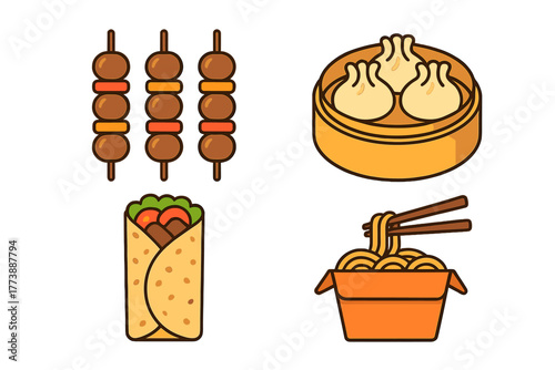 Popular street food icons featuring meat skewers, steamed dumplings, savory wrap, and takeout noodles