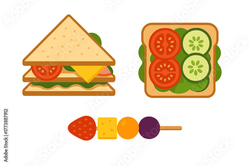 Club sandwich, open-face vegetable sandwich, and colorful fruit and cheese skewer set