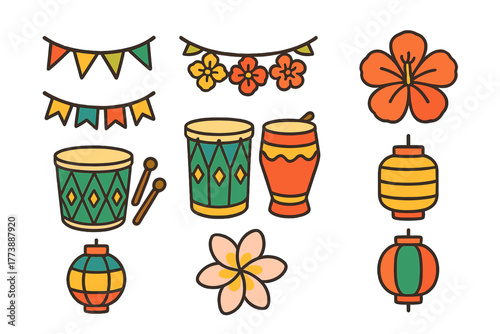 Colorful collection of tropical festival elements including drums, lanterns, flowers, and party bunting